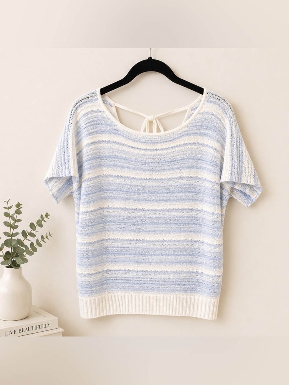 St John Cashmere Linen Knit Top Blue White Stripe Tie Back Petite
